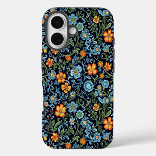 Komplexe Blumenkunst: Blaue und orangefarbene Blum iPhone 16 Hülle
