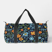 Komplexe Blumenkunst: Blaue und orangefarbene Blum Duffle Bag (Vorderseite)