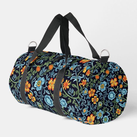 Komplexe Blumenkunst: Blaue und orangefarbene Blum Duffle Bag (Linke Seite)