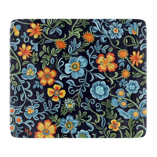 Komplexe Blumenkunst: Blaue und orangefarbene Blum Schneidebrett (Vorderseite)