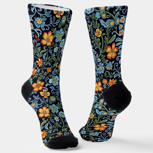 Komplexe Blumenkunst: Blaue und orangefarbene Blum Socken (Gewinkelt)