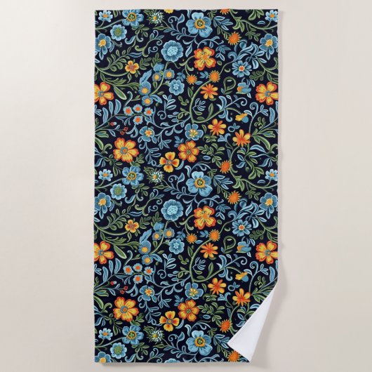 Komplexe Blumenkunst: Blaue und orangefarbene Blum Strandtuch (Vorderseite)