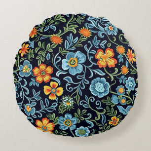 Komplexe Blumenkunst: Blaue und orangefarbene Blüt Rundes Kissen