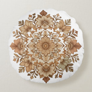 Komplexe Mandala-Blumen-Brauntöne-Kunst Rundes Kissen