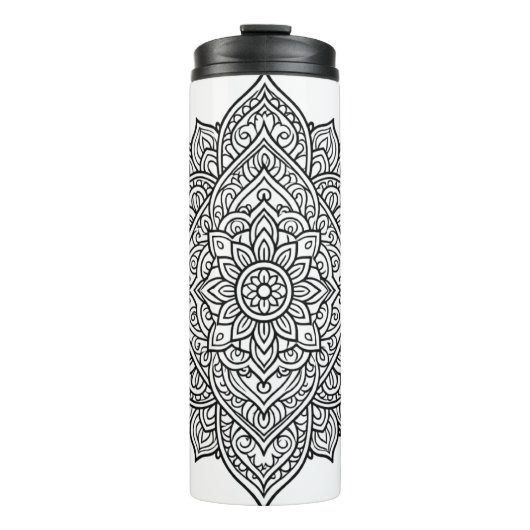 Komplexe schwarze Linien-Mandala-Kunst Thermosbecher (Vorderseite)