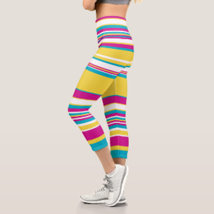 Komplexe Streifen - Türkis, Gelb, Rosa und Weiß Capri Leggings