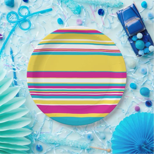 Komplexe Streifen - Türkis, Gelb, Rosa und Weiß Pappteller (Party)