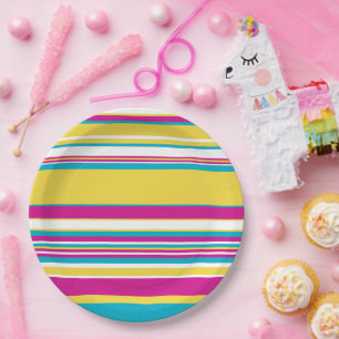 Komplexe Streifen - Türkis, Gelb, Rosa und Weiß Pappteller