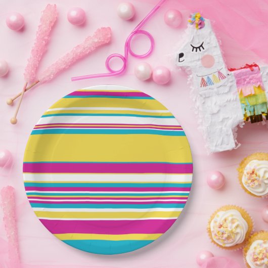 Komplexe Streifen - Türkis, Gelb, Rosa und Weiß Pappteller (Party)