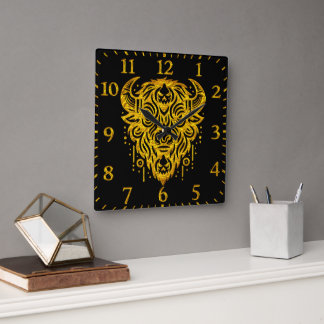 Komplexes Bison-Design mit Stammelementen Quadratische Wanduhr
