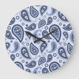 Komplexes blaues florales Paisley-Printdesign Große Wanduhr