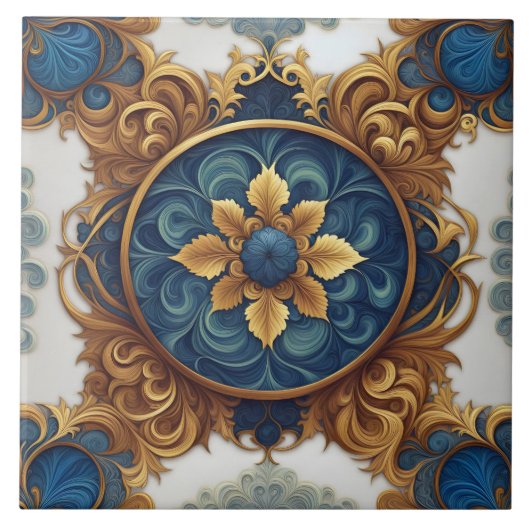 Komplexes Blumendesign in Blau und Gold Fliese (Vorderseite)