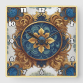 Komplexes Blumendesign in Blau und Gold Quadratische Wanduhr (Vorderseite)