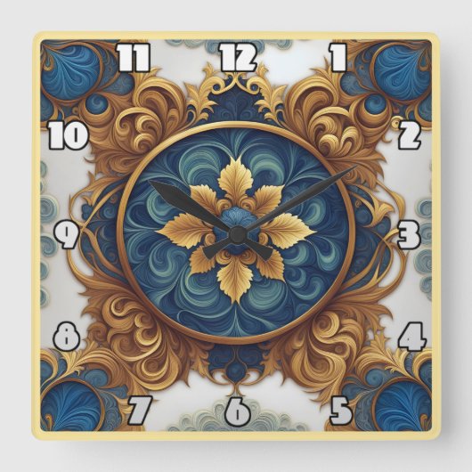 Komplexes Blumendesign in Blau und Gold Quadratische Wanduhr (Vorderseite)