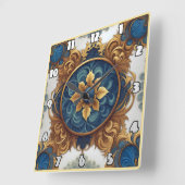 Komplexes Blumendesign in Blau und Gold Quadratische Wanduhr (Winkel)