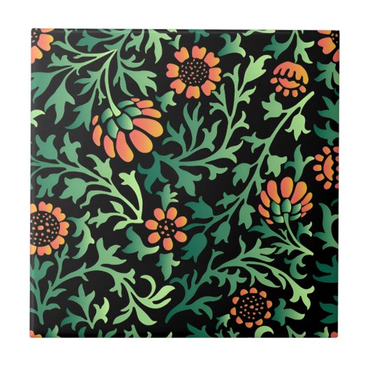 Komplexes Blumenmuster mit grünen Blättern Fliese (Vorderseite)