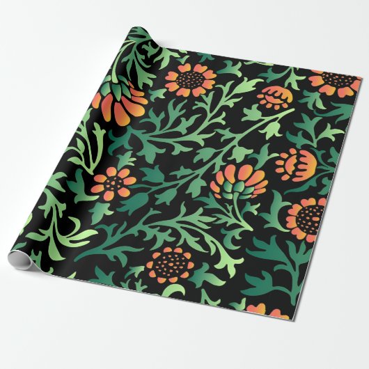 Komplexes Blumenmuster mit grünen Blättern Geschenkpapier (Ungerollt)