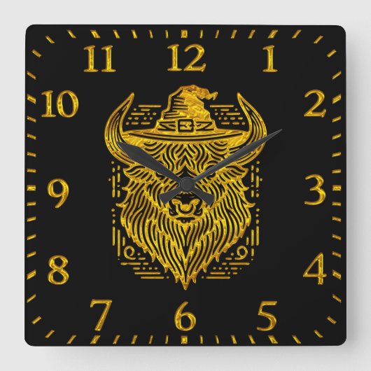 Komplexes Design eines Bison mit einem Hut Quadratische Wanduhr (Vorderseite)