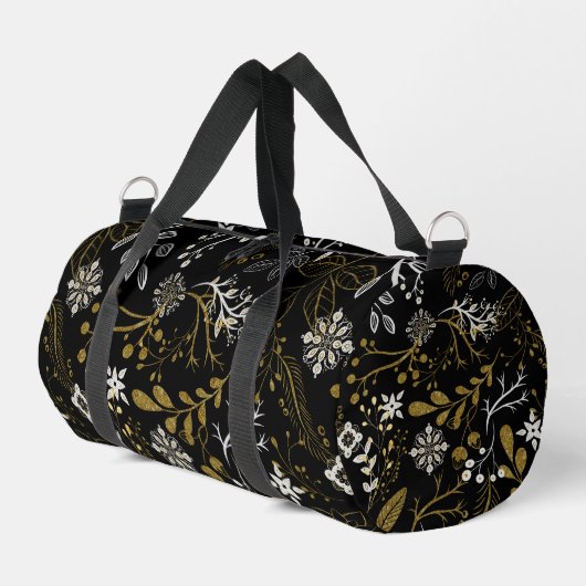Komplexes florales Muster mit Gold und Weiß Duffle Bag (Linke Seite)