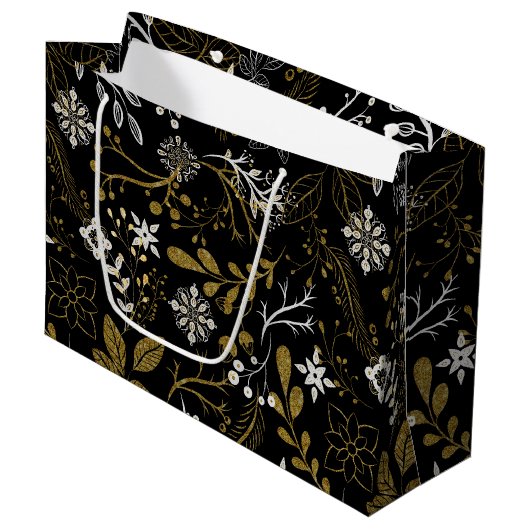 Komplexes florales Muster mit Gold und Weiß Große Geschenktüte (Vorderseite Schrägansicht)