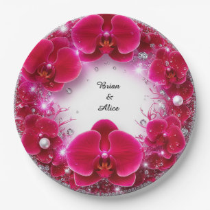 Komplexes florales Ornament mit roten Blumen Pappteller