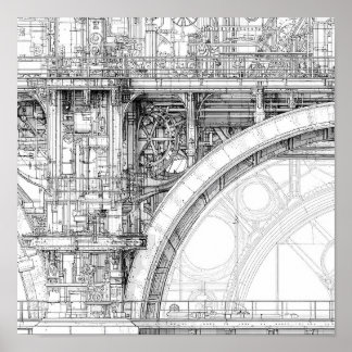 Komplexes Steampunk-Gerüst Technische Linienkunst Poster