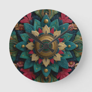 Komplexes texturiertes florales Mandala in Türkis Runde Wanduhr