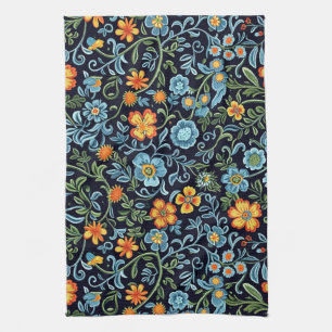 Komplizierte Blumenkunst: Blaue und orangefarbene  Geschirrtuch