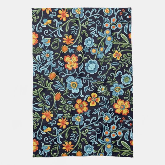 Komplizierte Blumenkunst: Blaue und orangefarbene  Geschirrtuch (Vertikal)