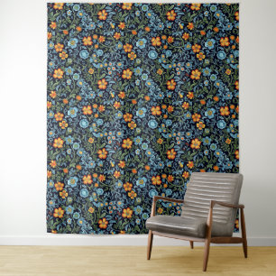 Komplizierte Blumenkunst: Blaue und orangefarbene  Wandteppich