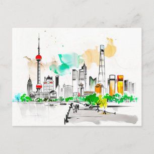 komplizierte Tinten-Kunstwerk Shanghai-Skyline an Postkarte
