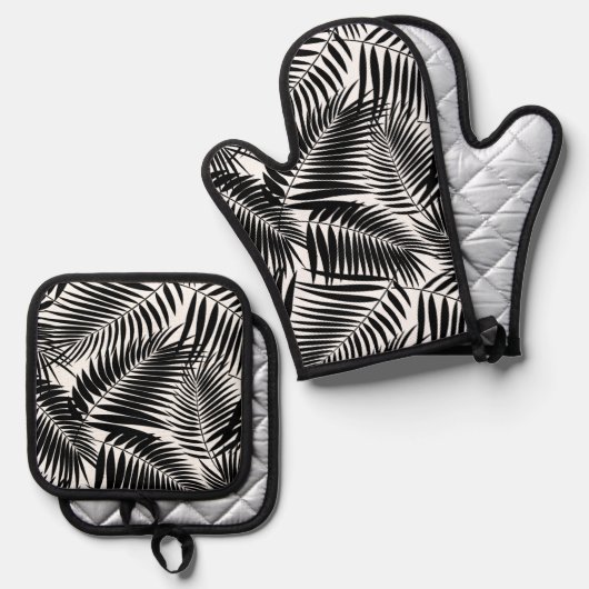 Kona Palms Hawaiian Tropical Leaf Black Ofenhandschuh & Topflappen-Set (Vorderseite/Rückseite)