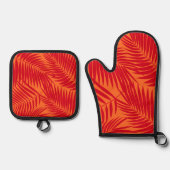 Kona Palms Hawaiian Tropical Leaf Red und Orange Ofenhandschuh & Topflappen-Set (Vorderseite)