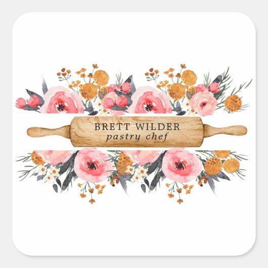Konditorei Koch Baker Rolling Button floral Quadratischer Aufkleber (Vorderseite)