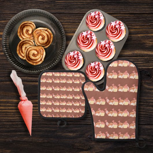 Konditorei, Zimtgebäck und Kuchen braun Ofenhandschuh & Topflappen-Set