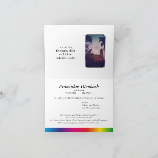 Kondolenzenkarte Regenbogen Ankündigung (Innenseite)