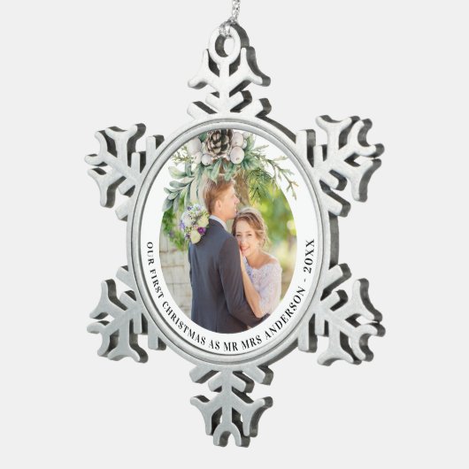 Kone Grün frisch geerntet 1. Weihnachtsfeier Foto Schneeflocken Zinn-Ornament (Rechts)