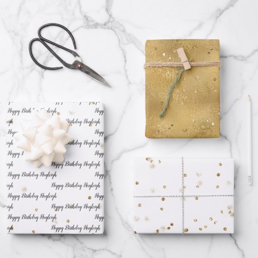 Konfetti aus Gold Glitzer Personalisiert Geschenkpapier Set (Vorderseite)