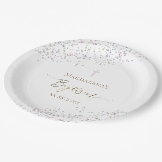 Konfetti Glitzer Design Taufe Pappteller (Schrägansicht)