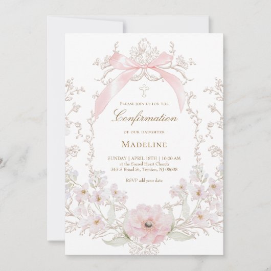 Konfirmation mit rosa Blumenrahmen Einladung (Vorderseite)