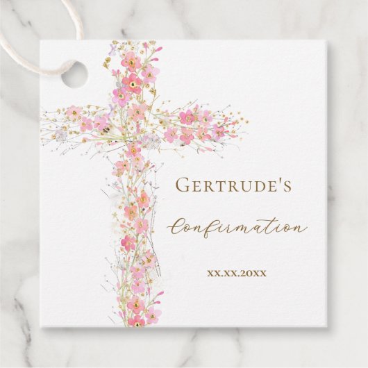 Konfirmation rosa Blumen Kreuz Geschenkanhänger (Vorderseite)