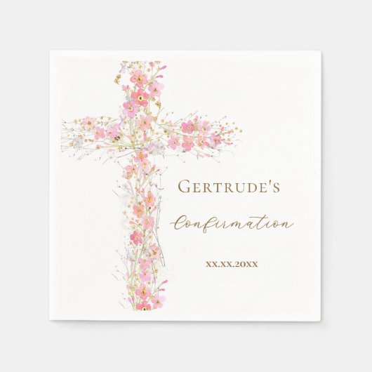 Konfirmation rosa Blumen Kreuz Serviette (Vorderseite)