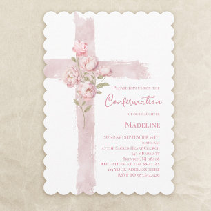 Konfirmation rosa Pfingstrosen Kreuz  Einladung