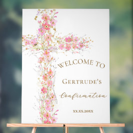 Konfirmation rosafarbene Blumen Kreuz Willkommenss Acrylschild
