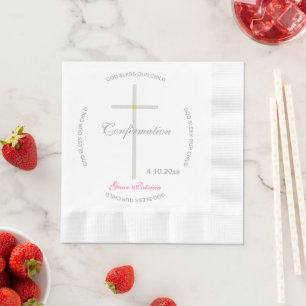 Konfirmation Silbernes Kreuz Mädchen Rosa Name Serviette