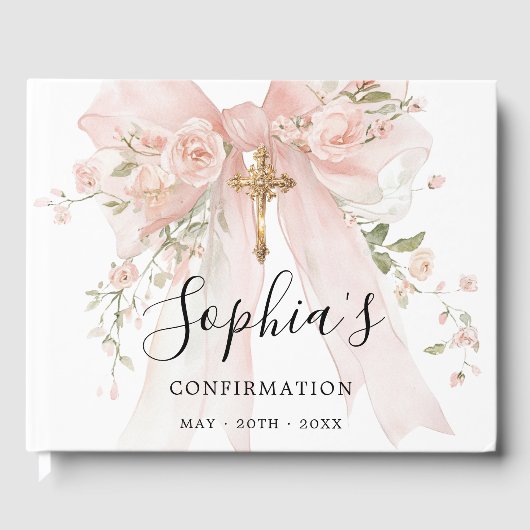 Konfirmations Mädchen Rosa Schleife Rosen Custom Gästebuch (Vorderseite)
