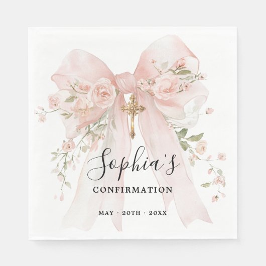 Konfirmations Mädchen Rosa Schleife Rosen Custom Serviette (Vorderseite)