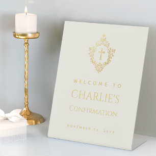 Konfirmations Willkommens Ivory Faux Gold Kreuz &  Sockelschild
