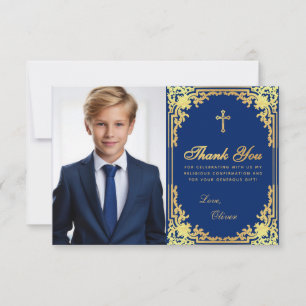 Konfirmationsjungen-Foto Vintage Royalblau Gold Dankeskarte
