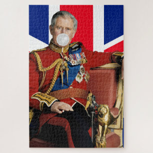 König Charles bläst weißen Kaugummi britische Flag Puzzle